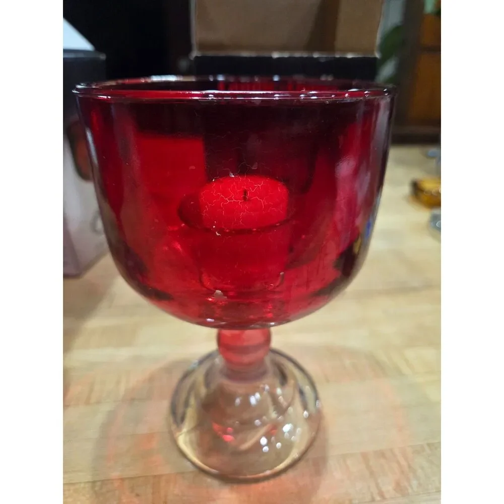 Vintage Indiana Glass Coupe Chandelier Ruby Red Candle Chalice Set of 2 Boxed